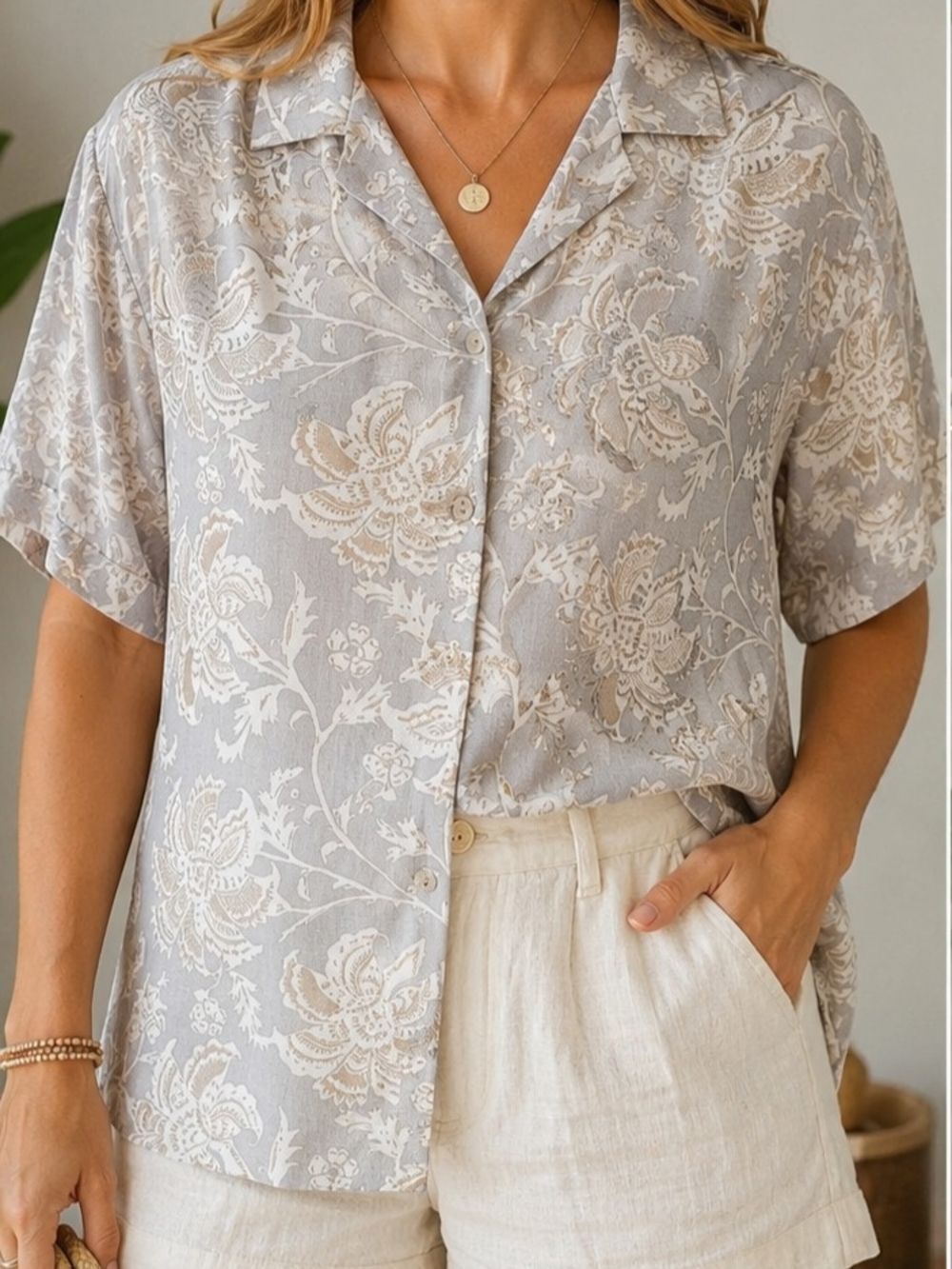 Porter & Ash Linen Blend Floral Button Up Shirt Women’s Sz L Gray Beige Boho